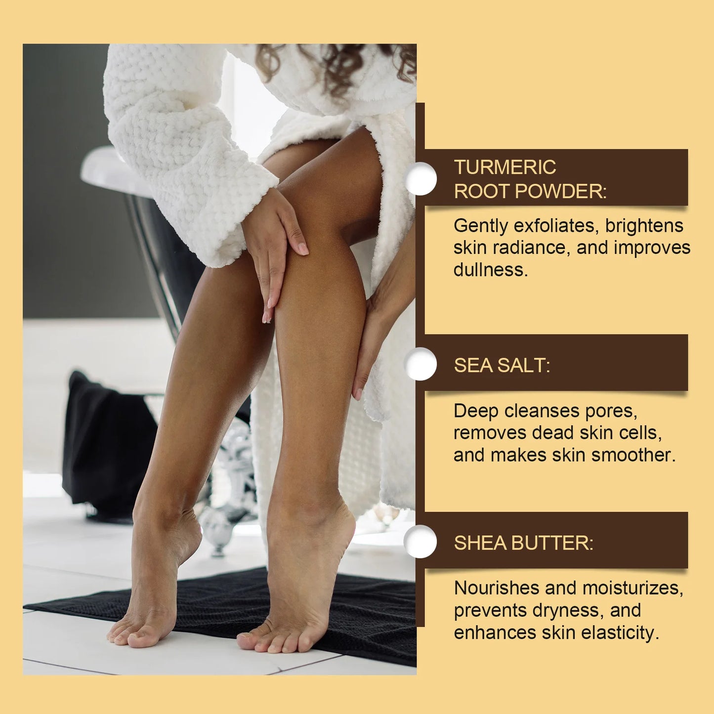 Exfoliante corporal de cúrcuma para mujeres y hombres. Aclara, exfolia, elimina las células muertas de la piel, limpia los poros, hidrata y suaviza la piel.