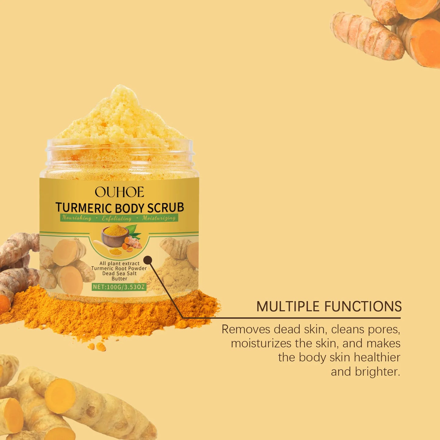 Exfoliante corporal de cúrcuma para mujeres y hombres. Aclara, exfolia, elimina las células muertas de la piel, limpia los poros, hidrata y suaviza la piel.