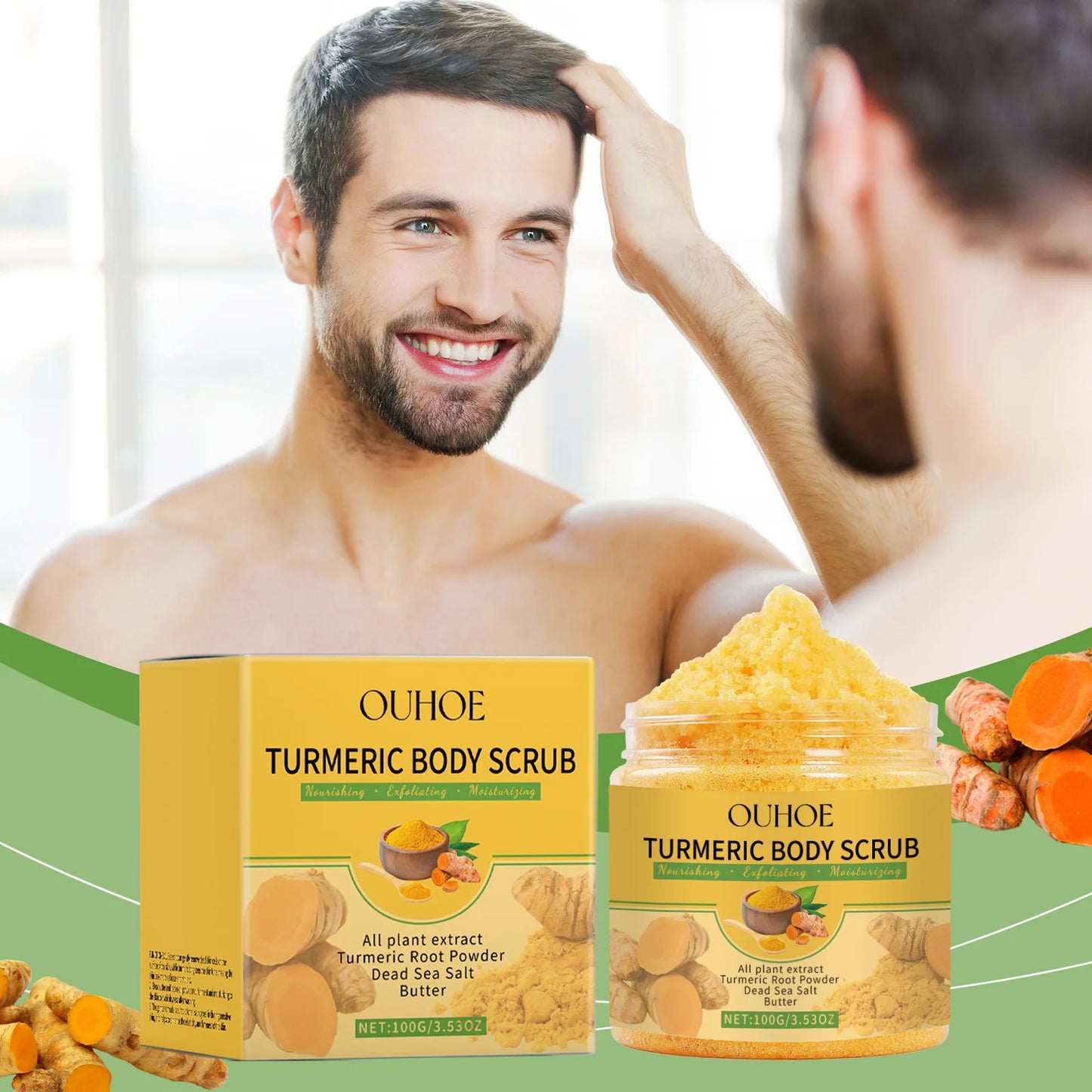 Exfoliante corporal de cúrcuma para mujeres y hombres. Aclara, exfolia, elimina las células muertas de la piel, limpia los poros, hidrata y suaviza la piel.