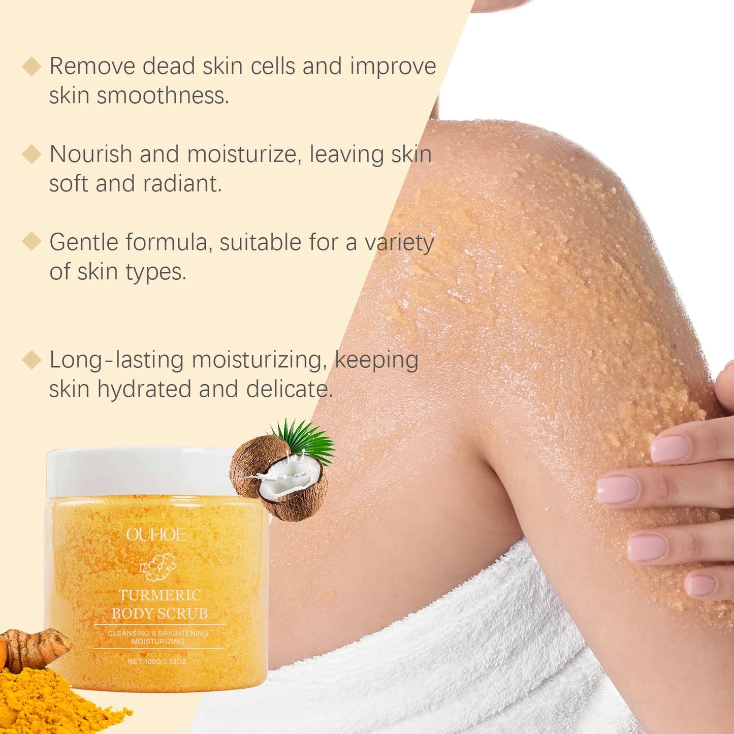Exfoliante corporal de cúrcuma OUHOE, suero exfoliante suave de cúrcuma, hidratante, iluminador y suave, blanqueador y rejuvenecedor de la piel.