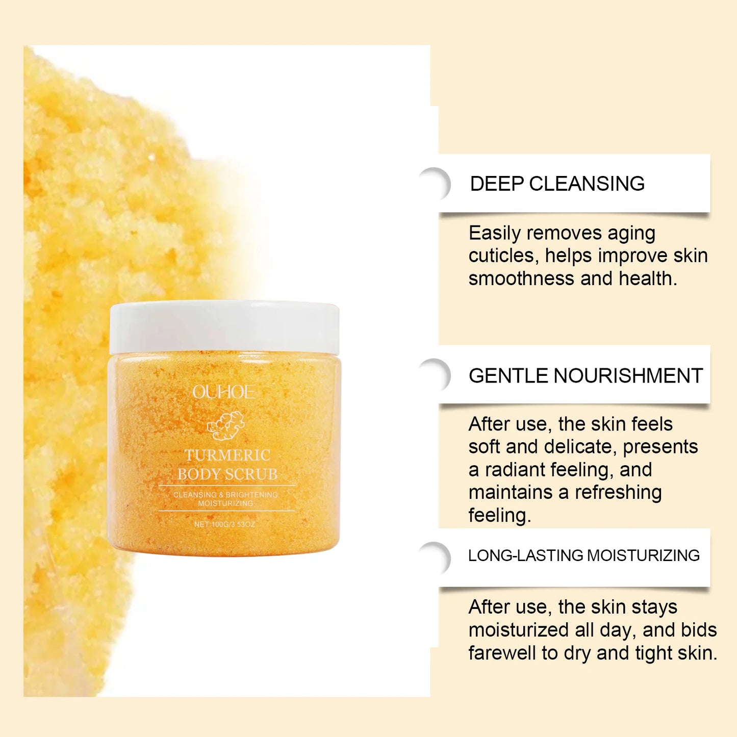 Exfoliante corporal de cúrcuma OUHOE, suero exfoliante suave de cúrcuma, hidratante, iluminador y suave, blanqueador y rejuvenecedor de la piel.