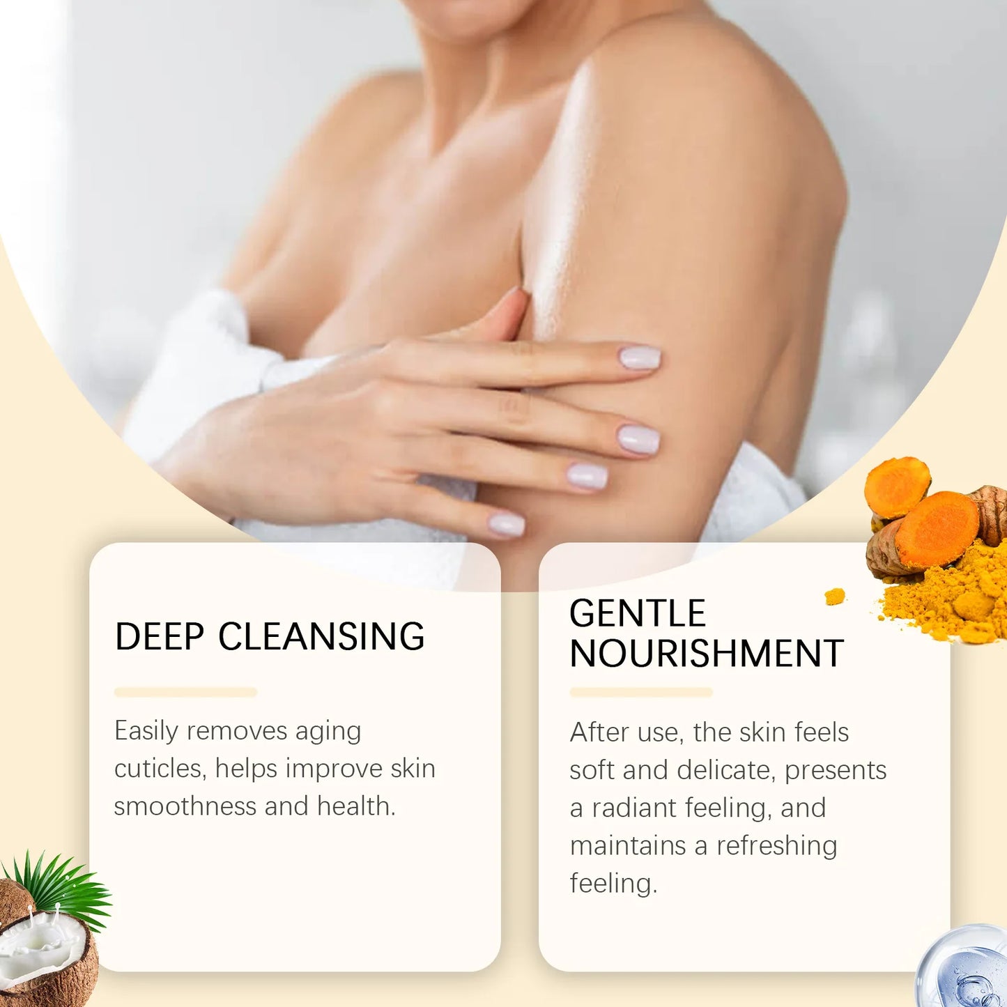 Exfoliante corporal de cúrcuma OUHOE, suero exfoliante suave de cúrcuma, hidratante, iluminador y suave, blanqueador y rejuvenecedor de la piel.