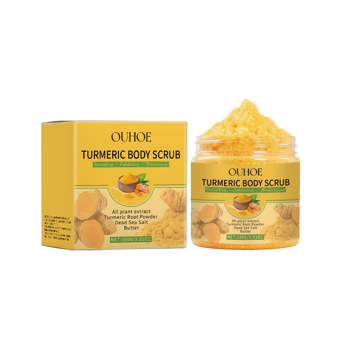 Exfoliante corporal de cúrcuma para mujeres y hombres. Aclara, exfolia, elimina las células muertas de la piel, limpia los poros, hidrata y suaviza la piel.
