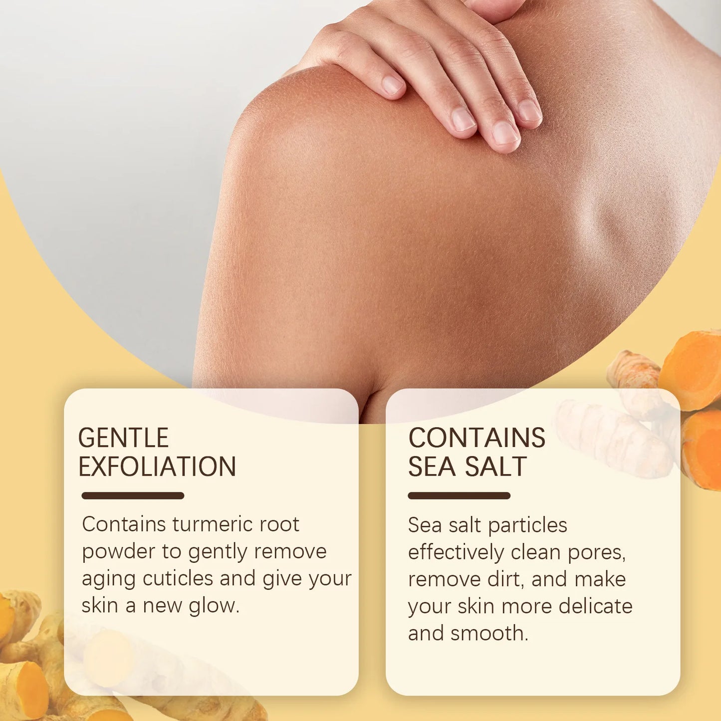 Exfoliante corporal de cúrcuma para mujeres y hombres. Aclara, exfolia, elimina las células muertas de la piel, limpia los poros, hidrata y suaviza la piel.