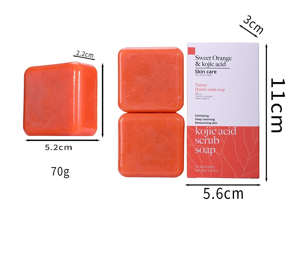 Jabón exfoliante de ácido kójico y naranja dulce (70 g/140 g), glutatión, leche de coco, cedro, iluminador, cúrcuma, barra para el cuidado de la piel