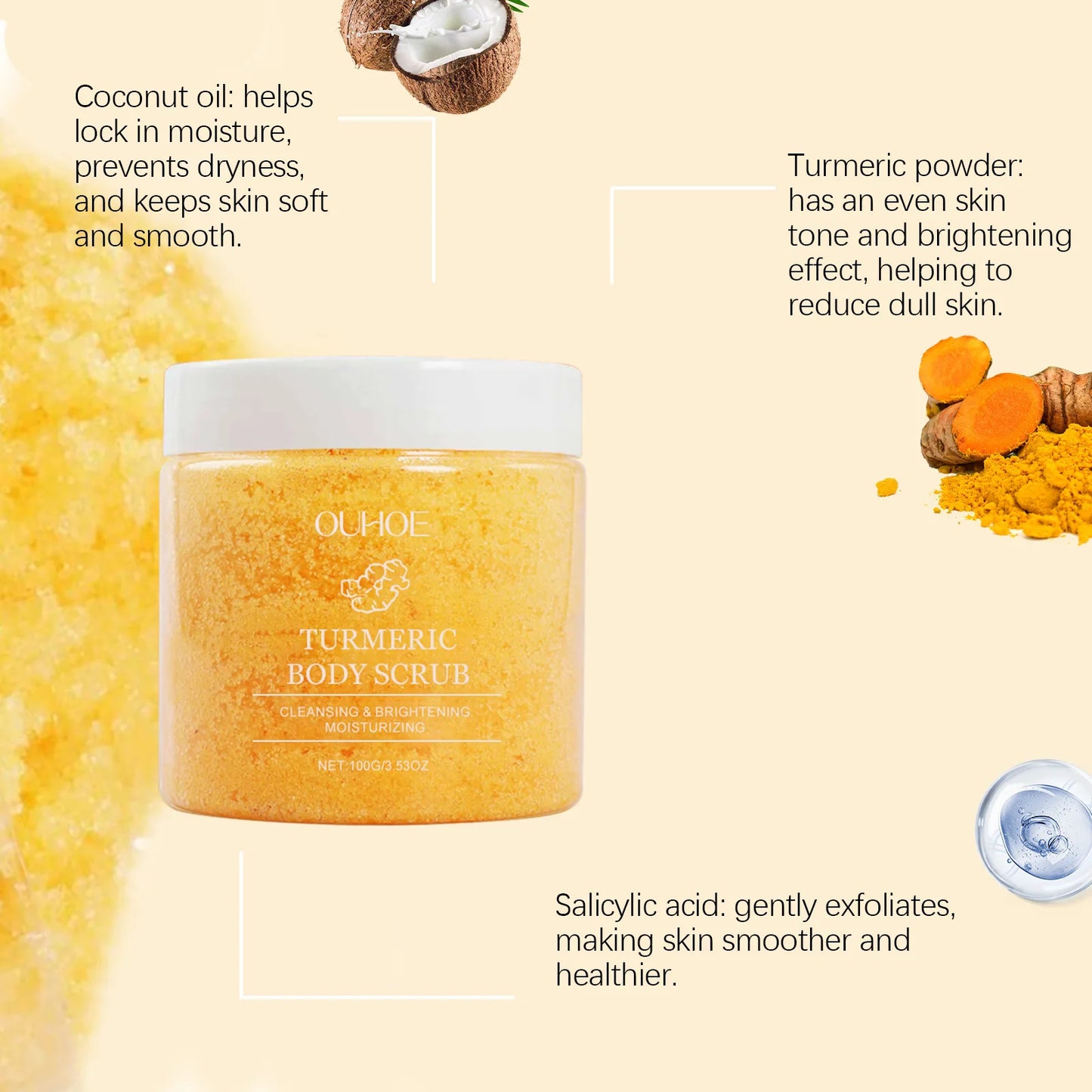 Exfoliante corporal de cúrcuma OUHOE, suero exfoliante suave de cúrcuma, hidratante, iluminador y suave, blanqueador y rejuvenecedor de la piel.