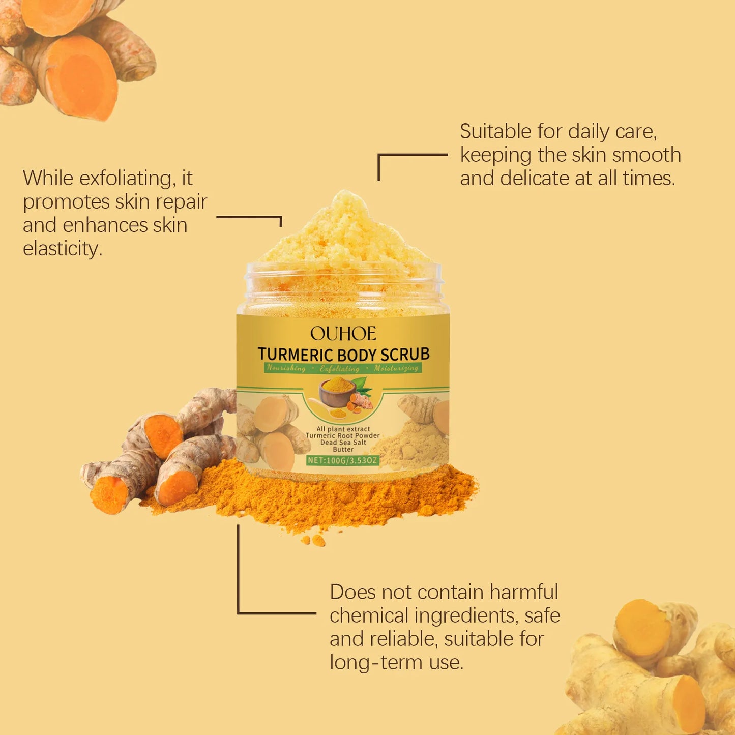 Exfoliante corporal de cúrcuma para mujeres y hombres. Aclara, exfolia, elimina las células muertas de la piel, limpia los poros, hidrata y suaviza la piel.