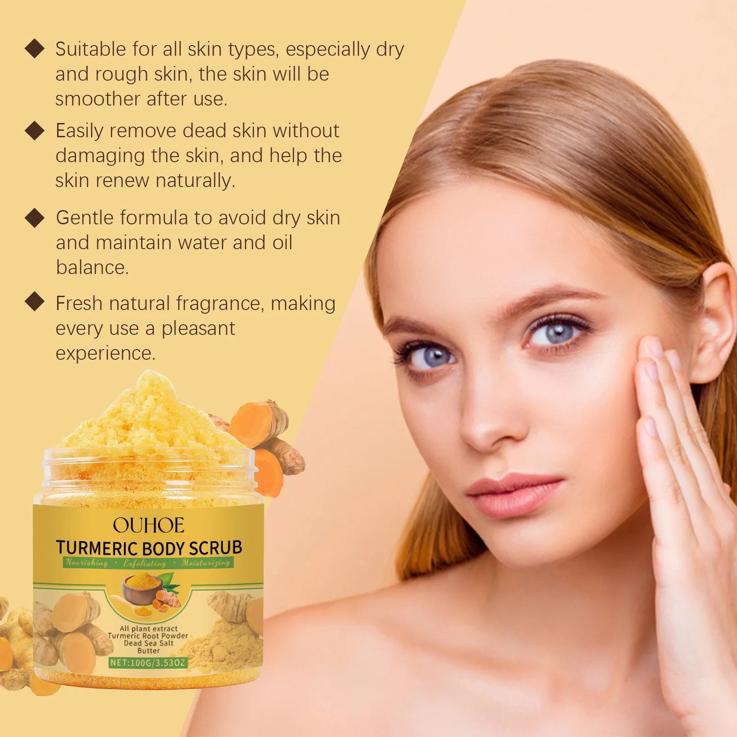 Exfoliante corporal de cúrcuma para mujeres y hombres. Aclara, exfolia, elimina las células muertas de la piel, limpia los poros, hidrata y suaviza la piel.